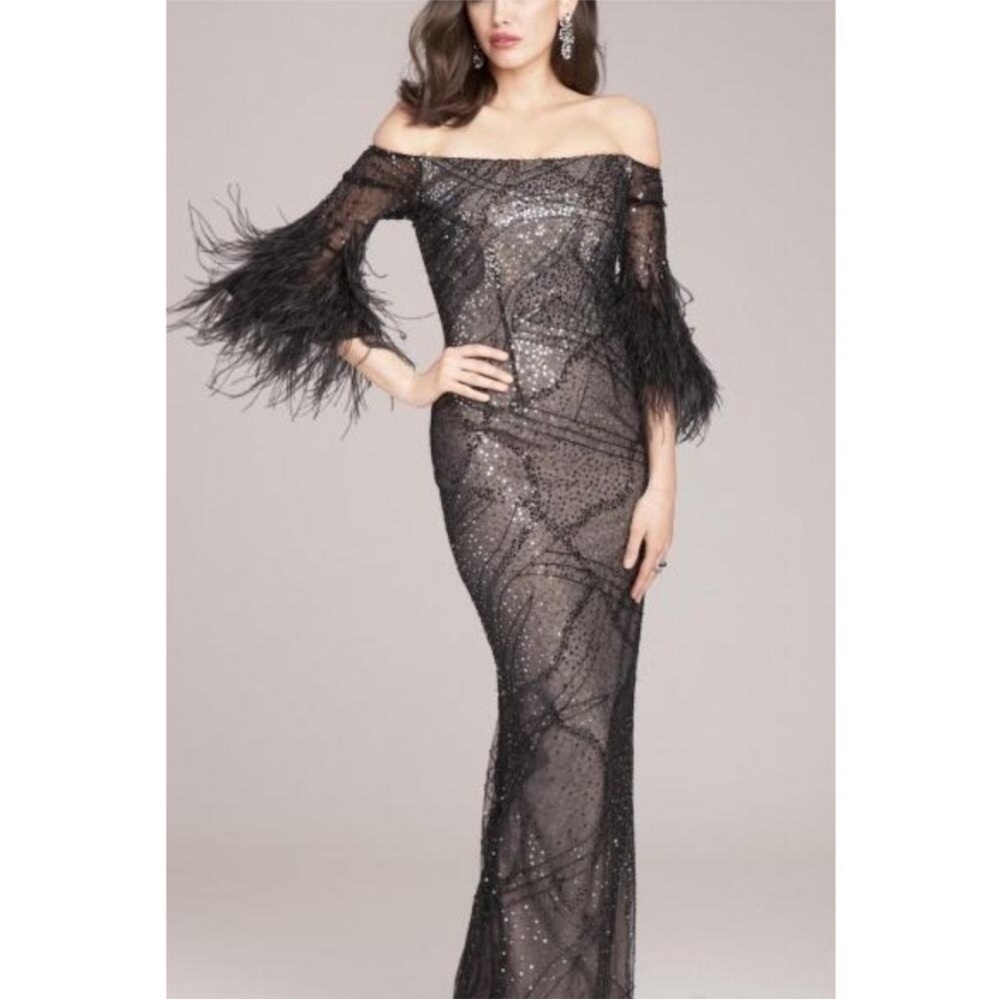 Teri Jon Rickie Freeman Sequin Overlay Formal Dress w/ Feathers Black 6 I26010